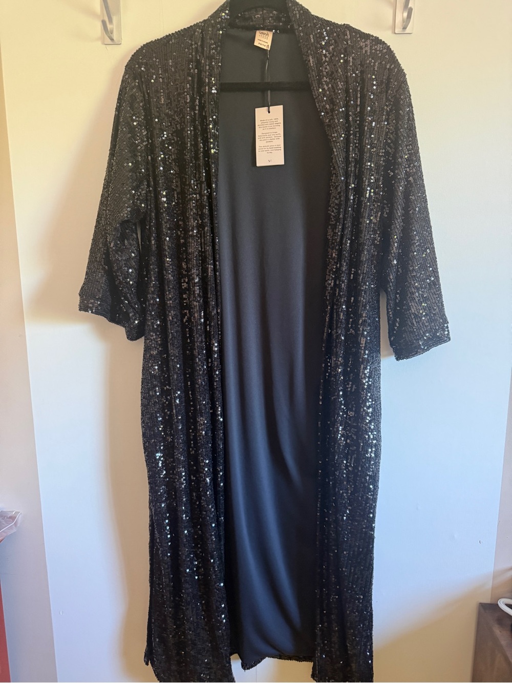 Smash + Tess Black Sequin Duster Cardigan Kimono Pockets Longline NWT